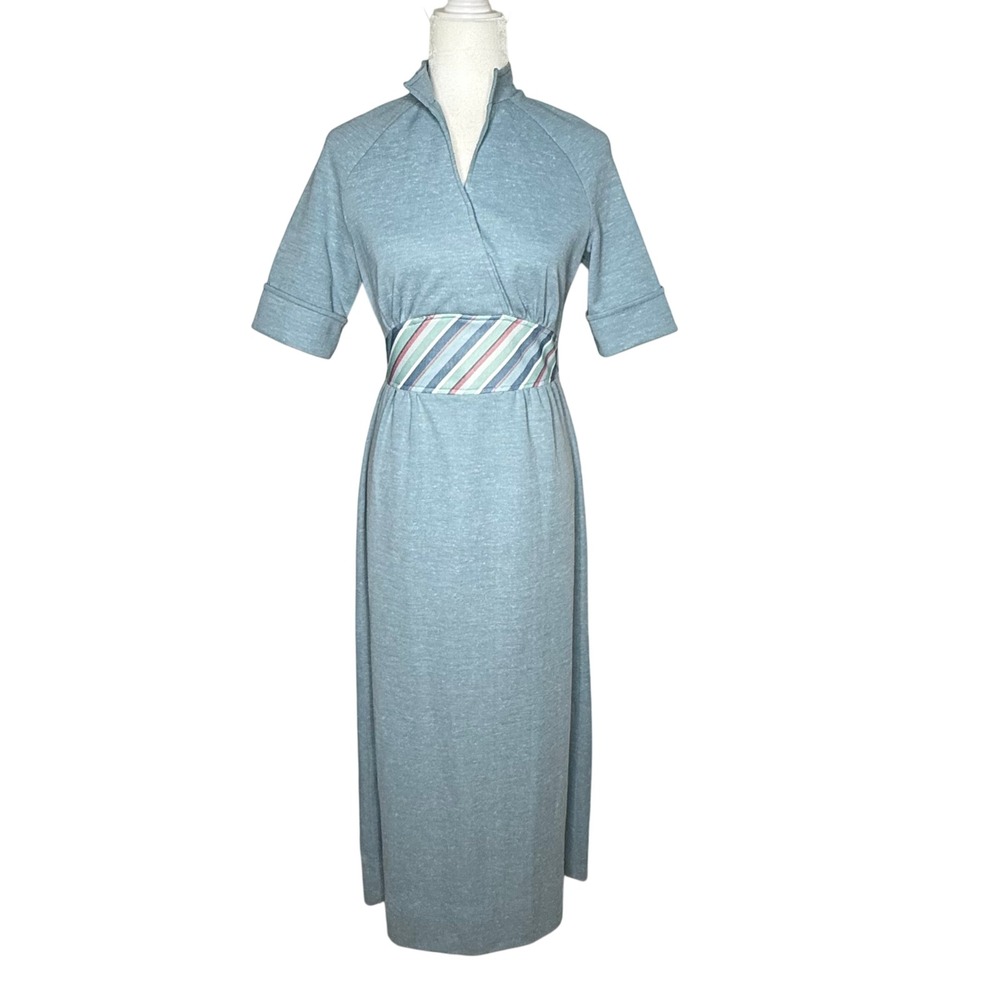 Melissa Lane Vintage Blue Knit Maxi Dress Striped Belted‎ Collar